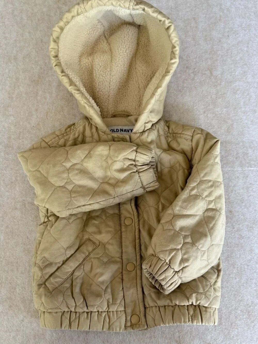 Toddler 3T Quilted Boho Jacket Beige Heart Print Button Up Cotton Lined